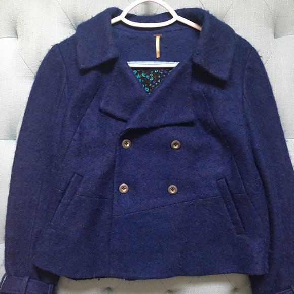 Free People Royal Blue Fuzzy Wool Blend Pea Coat - Picture 1 of 13